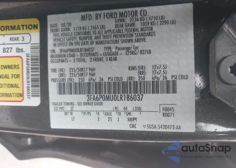 2020 Ford Fusion Hybrid Sel из США, поврежденный, VIN 3FA6P0MU0LR186037